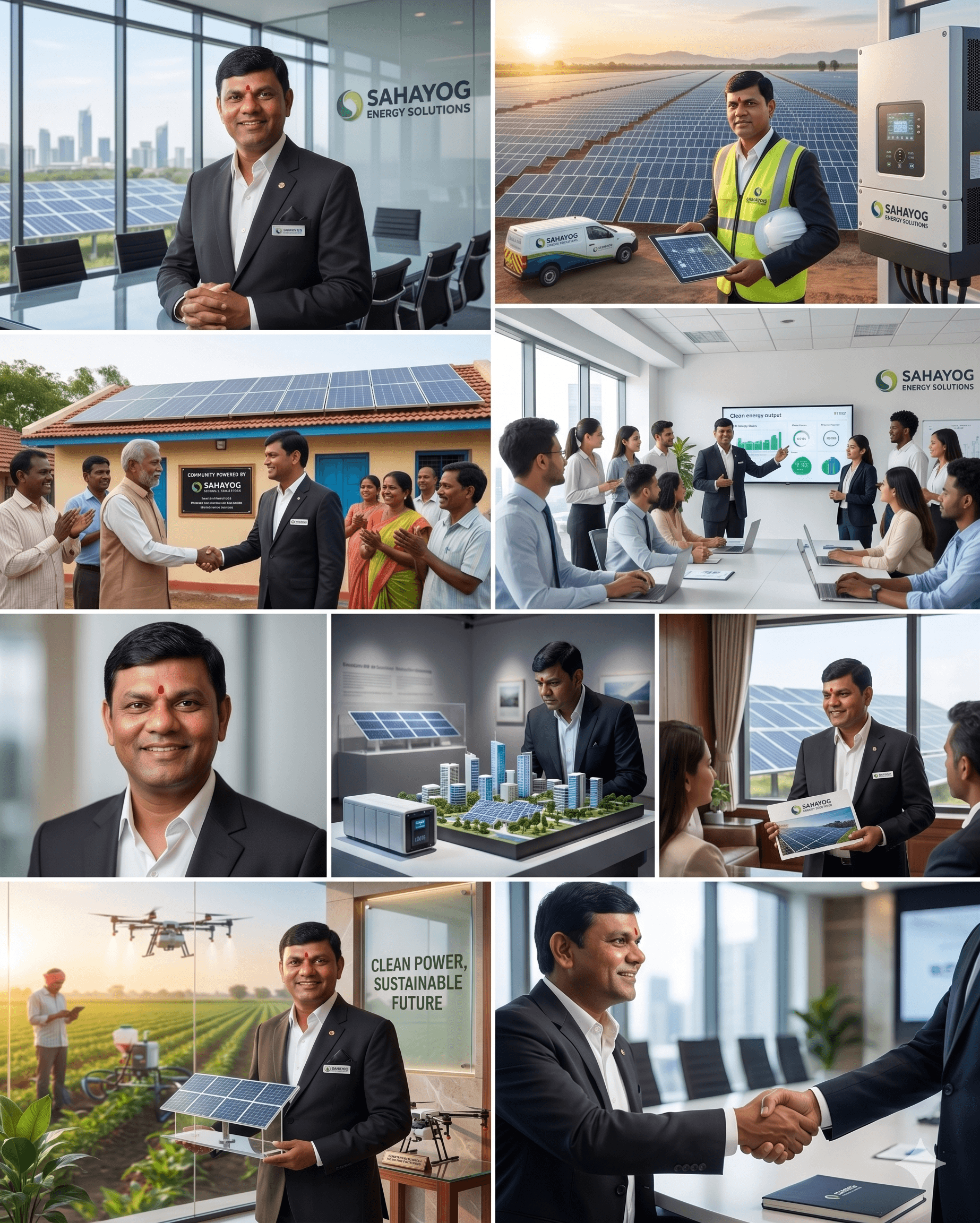 Illustrative mosaic of the group's work across rooftop solar, community installations, manufacturing, boardroom and agri-fields